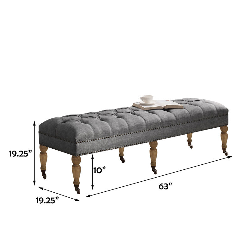 Button-Tufted Linen Bench with Nailhead Trim & Wooden Legs, Multi-Functional Storage Ottoman