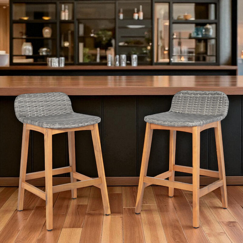 Set of 2 Solid Acacia Wood Bar Stools with Backrests and Footrests for Porch