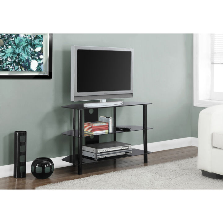 Monarch Specialties I 2506 Tv Stand, 36 Inch, Console, Media Entertainment Center, Storage Shelves, Living Room, Bedroom, Tempered Glass, Metal, Black, Clear, Contemporary, Modern