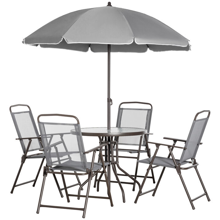 Outsunny 6 Piece Patio Dining Set for 4 with Umbrella, Outdoor Table and Chairs with 4 Folding Dining Chairs & Round Glass Table for Garden, Backyard and Poolside, Gray