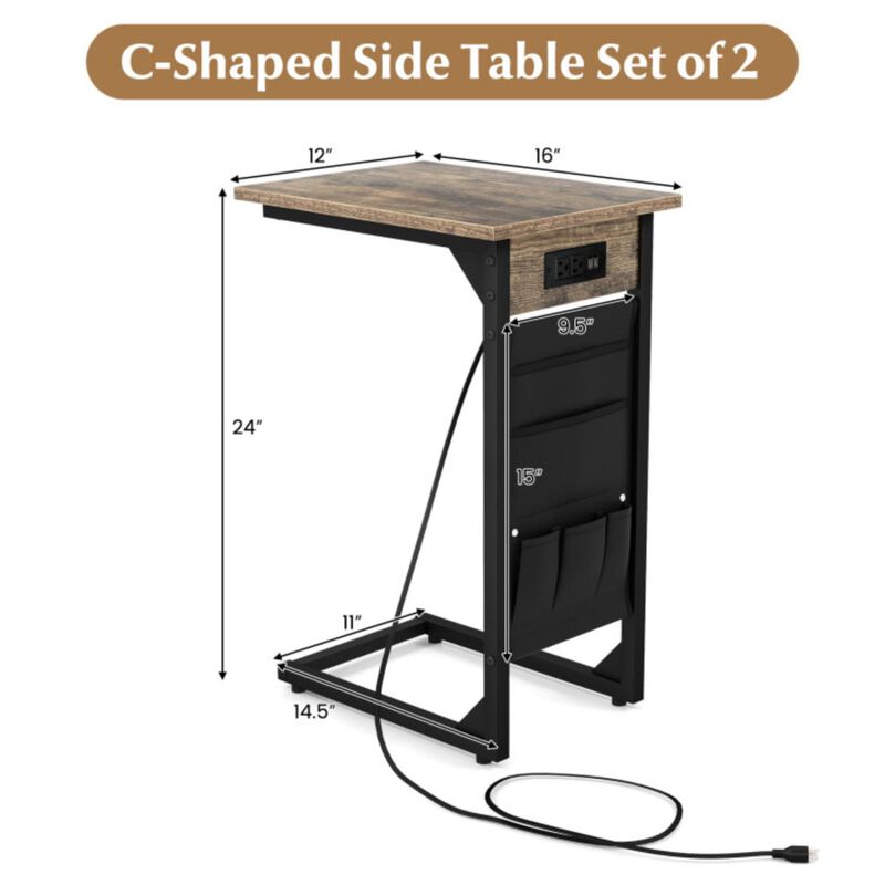 Hivvago Set of 2 C Shaped End Table with Charging Station