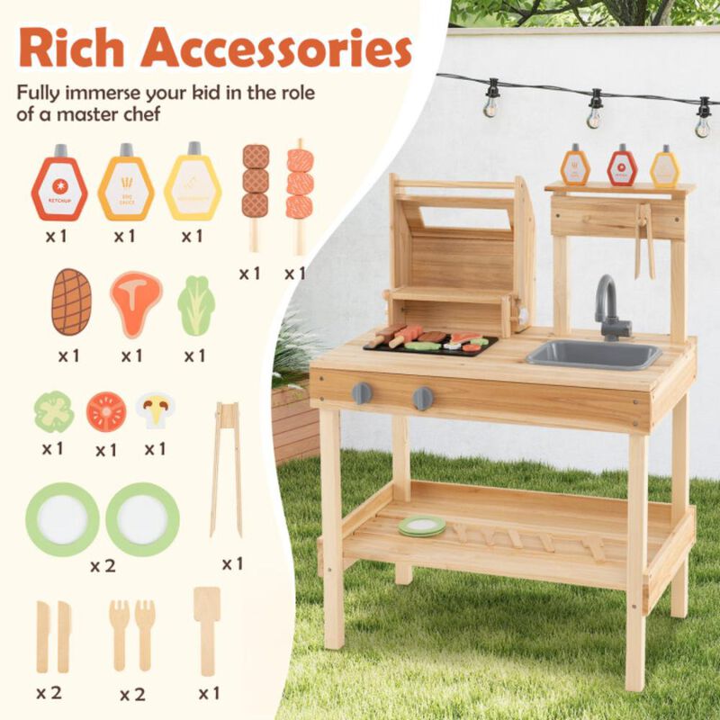 Hivvago Wooden Barbecue Grill Playset with Play Food and Open Shelves