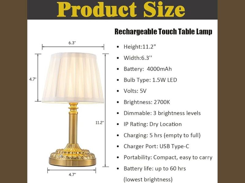 Table Lamp &ndash; Cordless Touch 3‑Way Dimmable Pleated Shade Rechargeable LED Nightstand image number 2