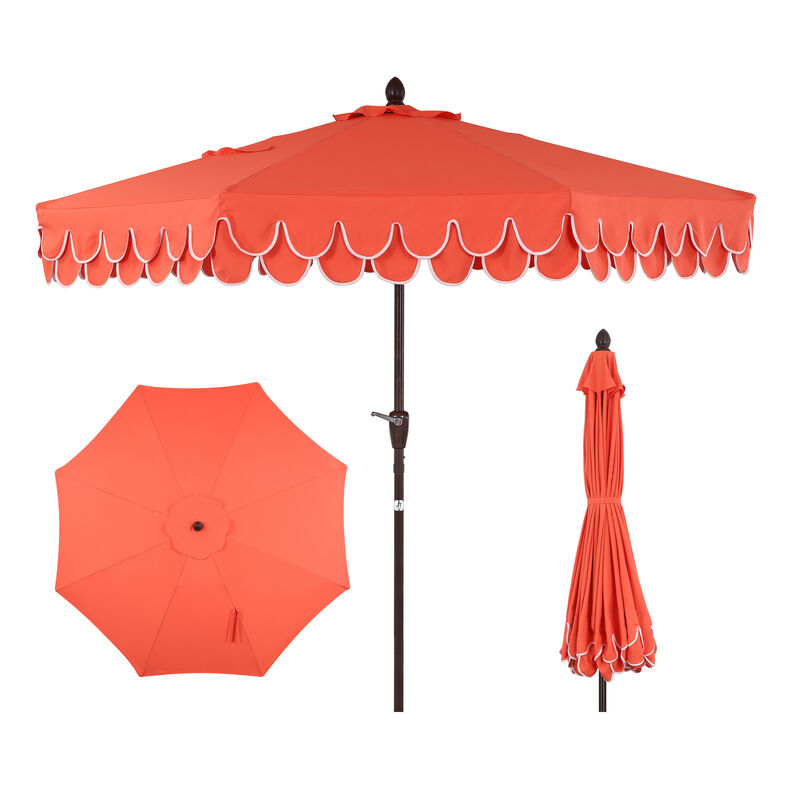 Tracy Classic MidCentury Scalloped Fringe Market Patio Umbrella with Auto-Tilt, Crank, Wind Vent and UV Protection