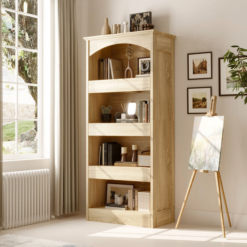 FUFU&GAGA Modern Display Shelf with Hidden Storage Drawers, 4-Tier Open Shelving Unit, Arched Painted Top & Wood Grain Finish, (31.4 in. W x 16.5 in. D x 70.1 in. H), Wood Look