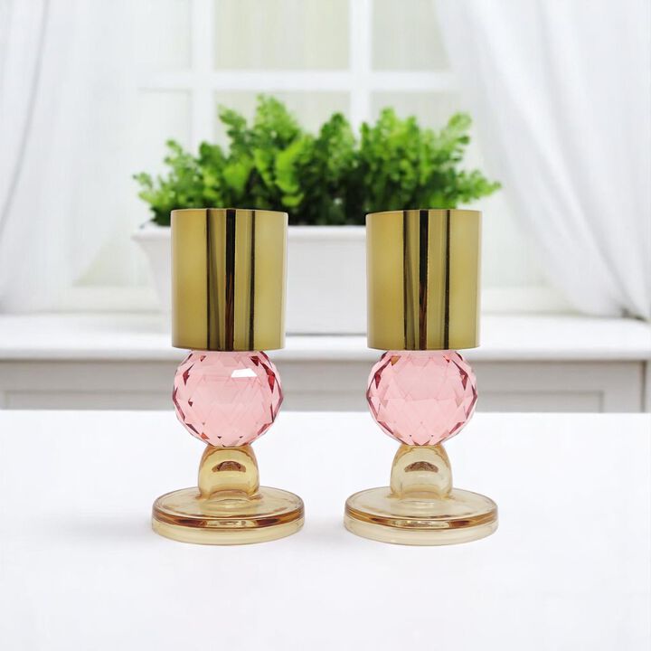 HomeRoots Set of Two Amber Gold And Pink Faceted Crystal Tabletop Taper Candlesticks