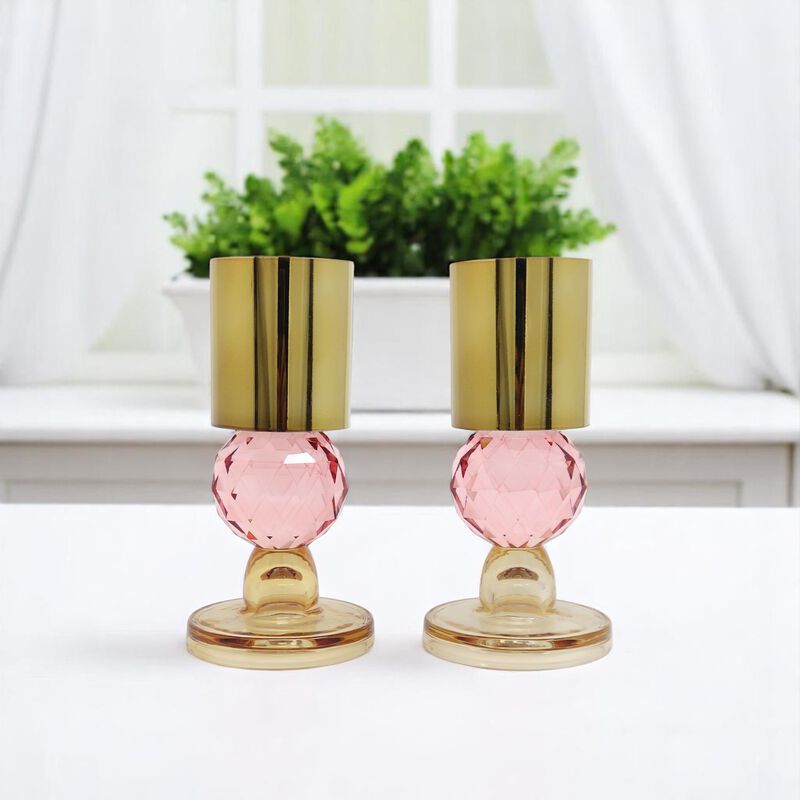 HomeRoots Set of Two Amber Gold And Pink Faceted Crystal Tabletop Taper Candlesticks image number 1
