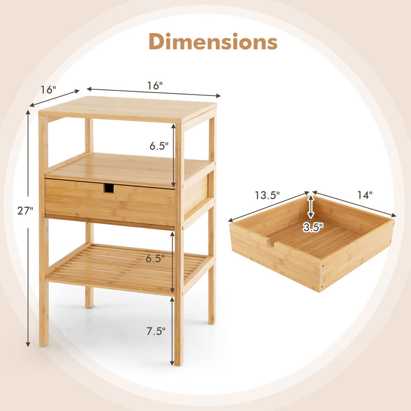 Nightstand Set of 2 Bamboo End Table with 2 Open Shelves and Drawer-Set of 2 image number 6