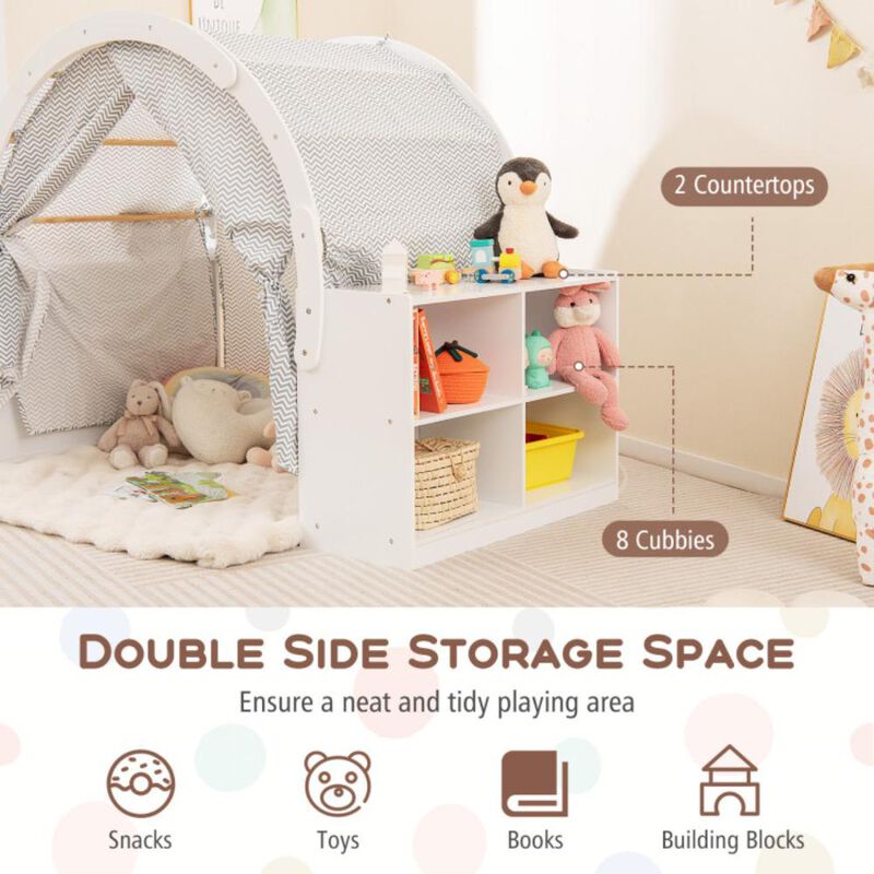 Hivvago Wooden Kids Play Tent with Curtain Shades and 8 Cubbies