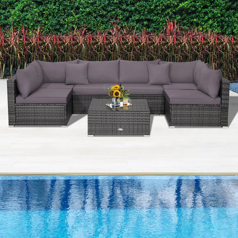 Mondawe 7 Pieces Patio Rattan Furniture Set with Sectional Sofa Cushioned