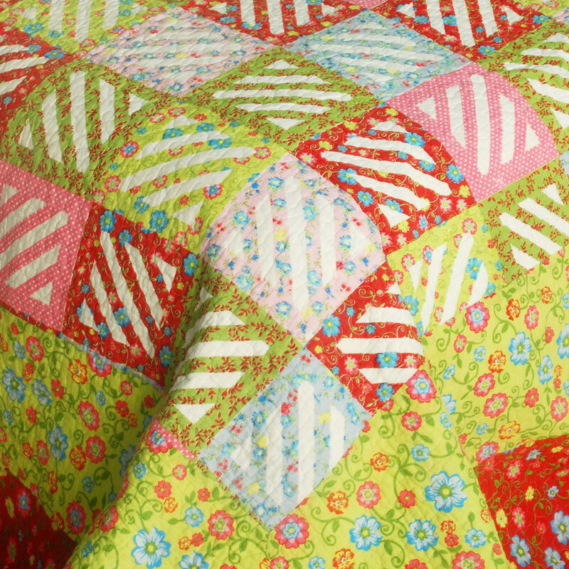 3 Piece Queen Size Cotton Quilt Set with Vermicelli Quilted Print Design-Green image number 2