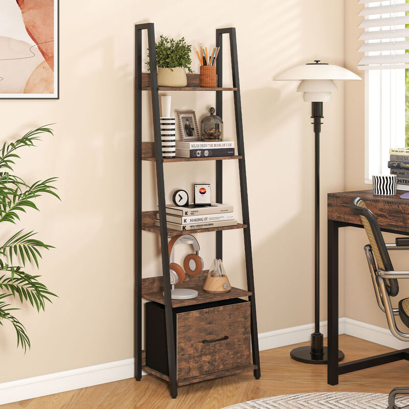 Modern 5-Tier Ladder Bookshelf with Fabric Storage Drawer image number 1