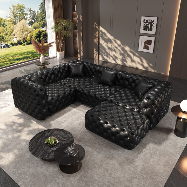 Whisen 4-Seat L-Shaped Modern Modular Sectional with Ottoman, Faux Leather Upholstered, for Living Room
