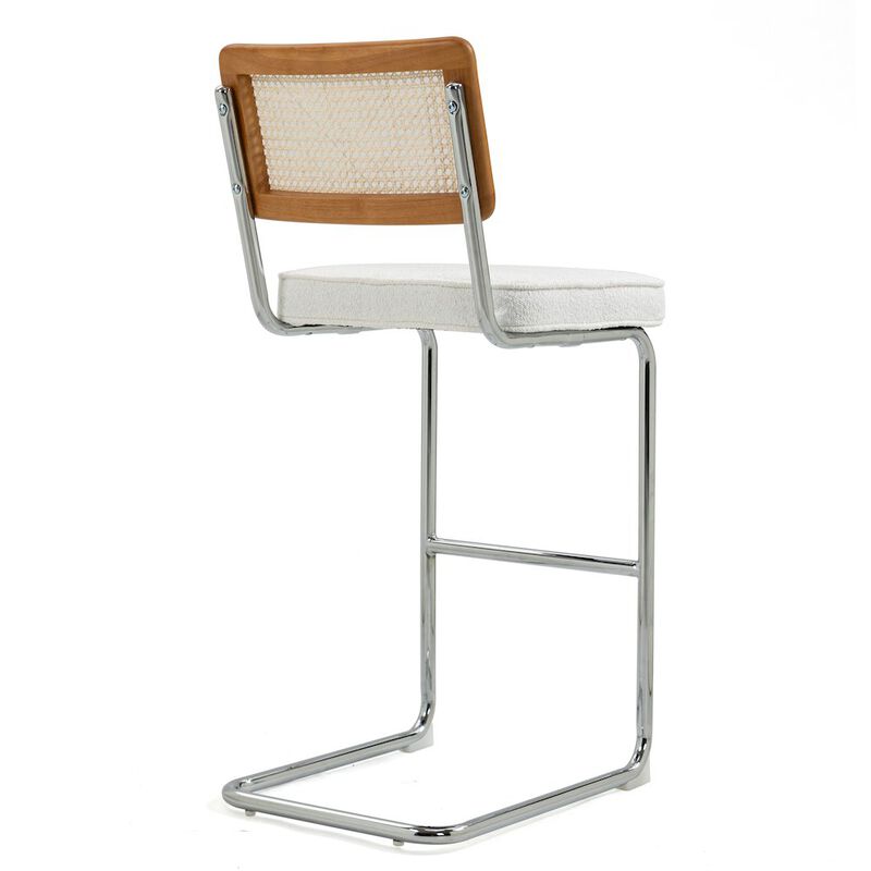 Glamour Home Set of 2 White Boucle Fabric Bar Stool Rattan Backrest and Silver Steel Legs