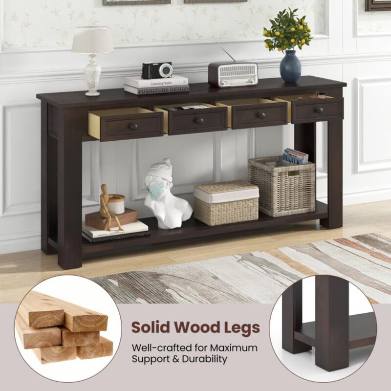 Hivvago 63 Inches Farmhouse Entryway Table with 4 Storage Drawers and Open Shelf
