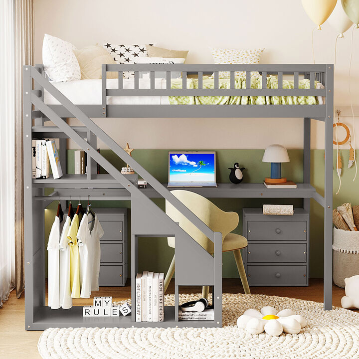 Merax Twin Size Multi-Functional Loft Bed with Staircase, Desk & LED Lights