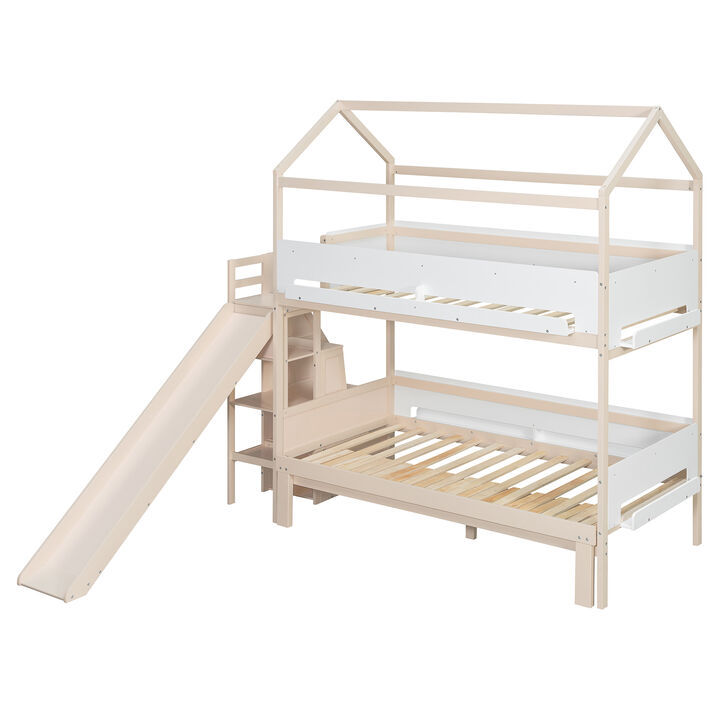 Merax Twin Over Twin/Full House Bunk Bed with Slide & Storage Guardrails