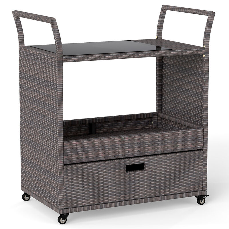 Outdoor Rattan Bar Cart Table with Tempered Glass Top and Storage-Mix Brown image number 0