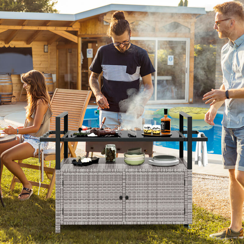 Wicker Patio Bar Cart with Cabinet and 8 Hooks – Outdoor Buffet Serving Cart