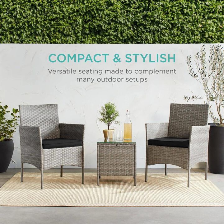 Hivvago 3-Piece Grey PE Wicker Outdoor Patio Furniture Dining Set with Black Cushions