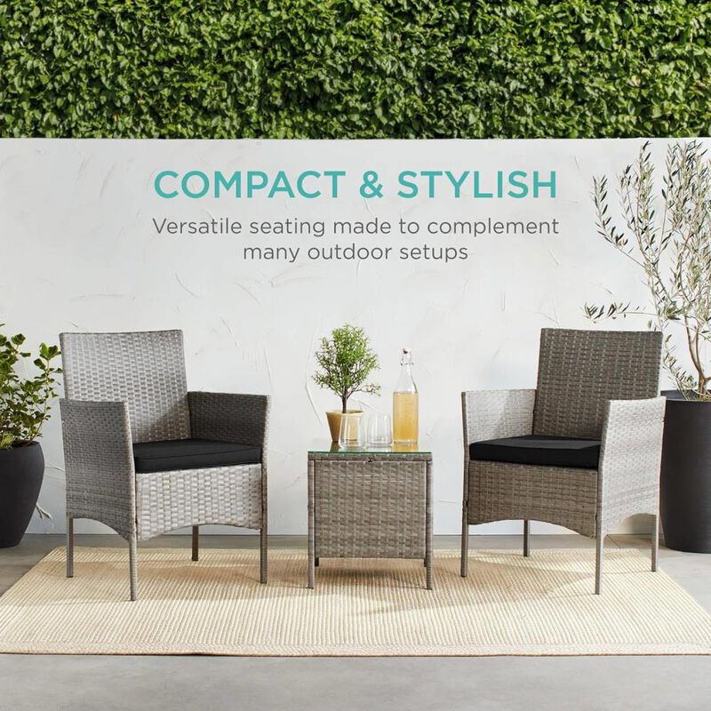 Hivvago 3-Piece Grey PE Wicker Outdoor Patio Furniture Dining Set with Black Cushions