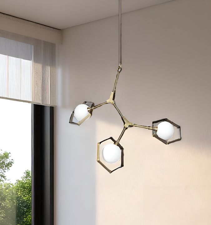 HomeRoots Champagne Unique Statement Three Light Metal and Glass Dimmable Chandelier With White Shades