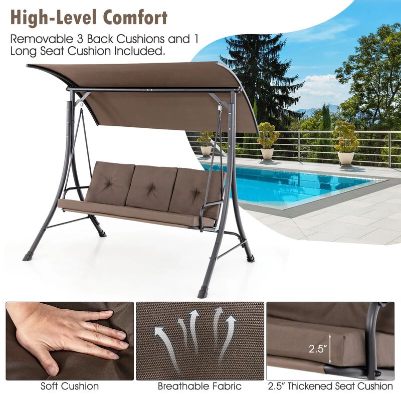 Mondawe 3-Seat Outdoor Porch Swing with Adjustable Canopy and Padded Cushions