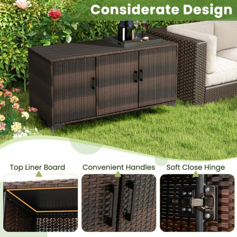 Hivvago 84 Gallon Patio Wicker Deck Box 3-Door PE Rattan Storage Container with Removable Shelves