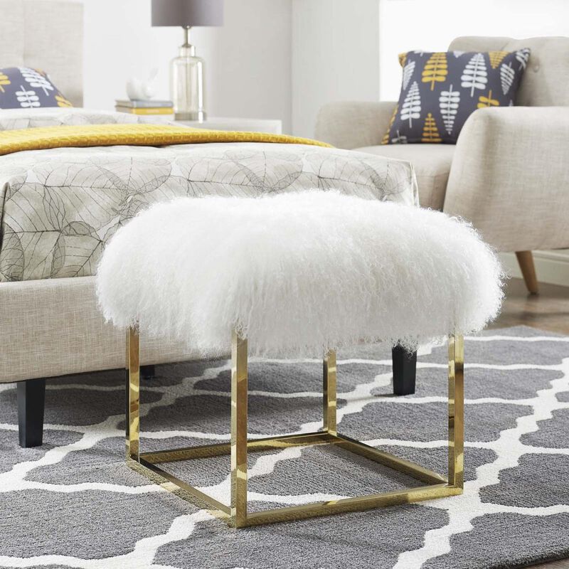 Modway Anticipate Modern Ottoman With Sheepskin Upholstery and Gold Stainless Steel Frame, White