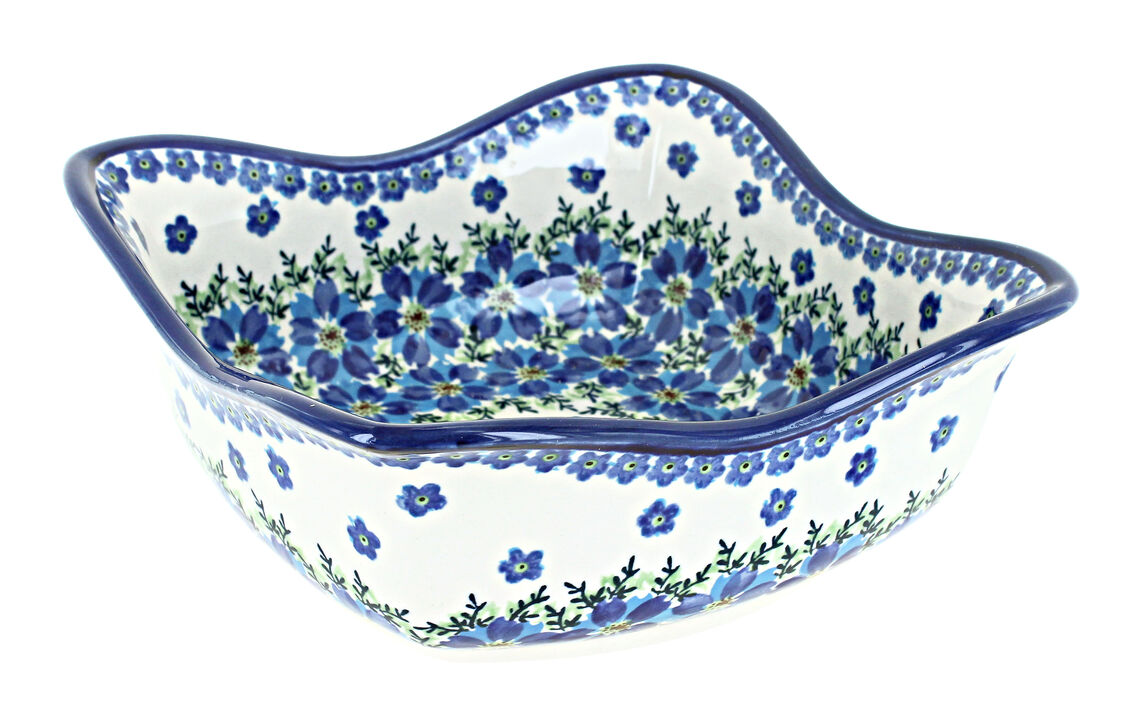 Blue Rose Polish Pottery Floral Butterfly Large Square Scallop Bowl