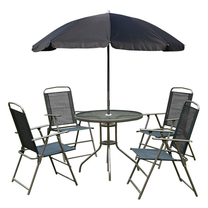 6 Piece Patio Dining Set for 4 with Umbrella, 4 Folding Dining Chairs & Round Glass Table for Garden, Backyard and Poolside, Black