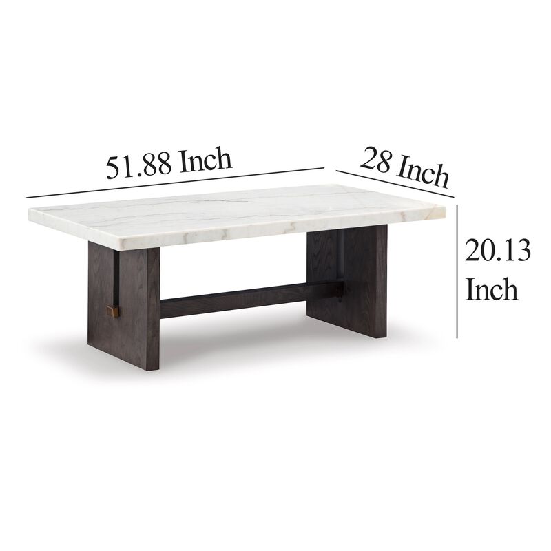 Haus Cocktail Coffee Table, Marble Top, Panel Legs, 52 Inch Brown Wood