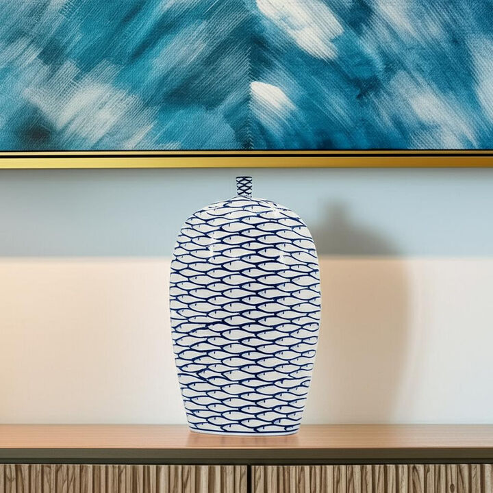 HomeRoots 16" Blue And White Fish Print Oval Ceramic Table Vase