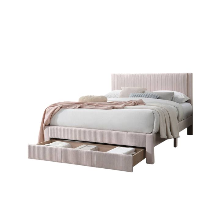Peo Queen Size Bed w Storage Drawer, Light Pink Corduroy Upholstery - Benzara