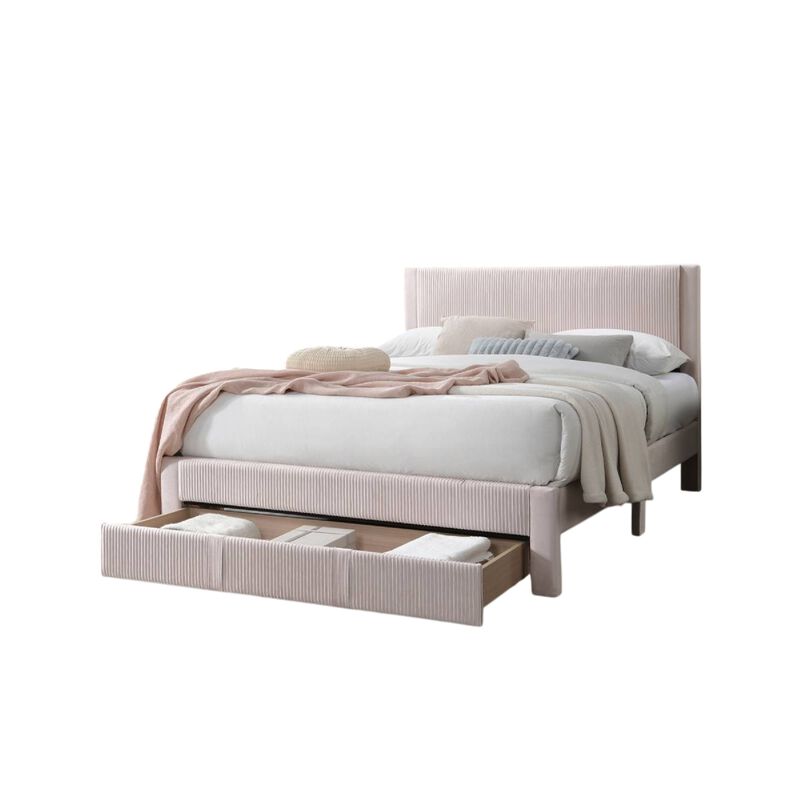 Peo Queen Size Bed w Storage Drawer, Light Pink Corduroy Upholstery - Benzara