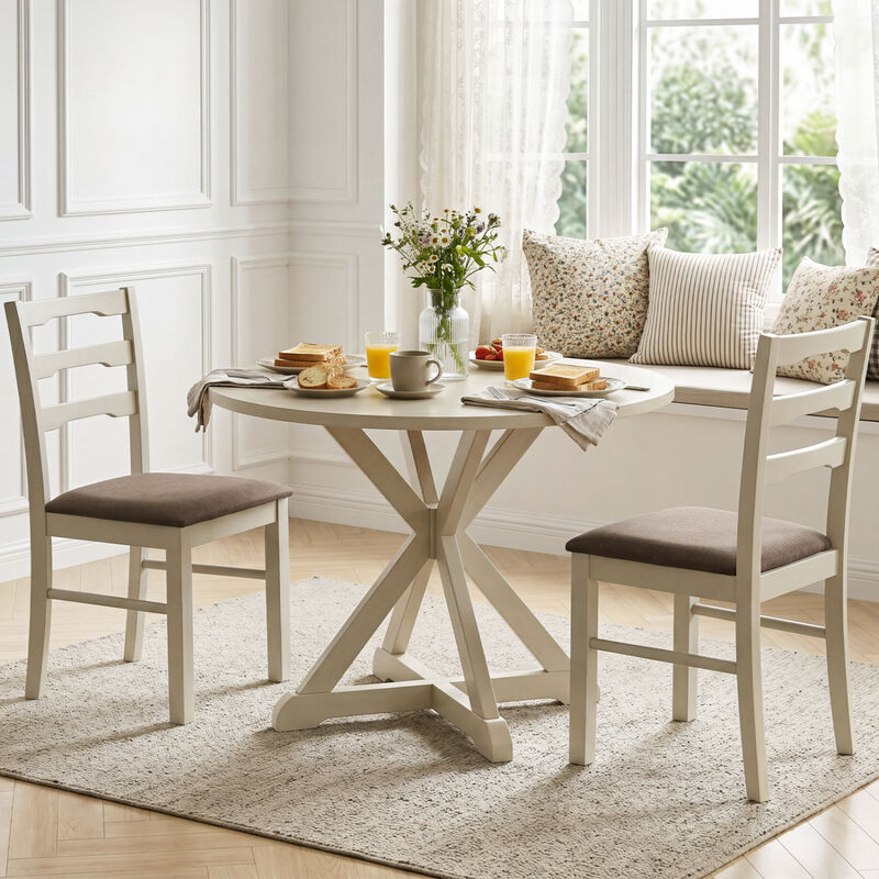 Set of 2 Wooden Frame Dining Chairs with Linen Style Upholstery for Home Dining Area-White image number 1
