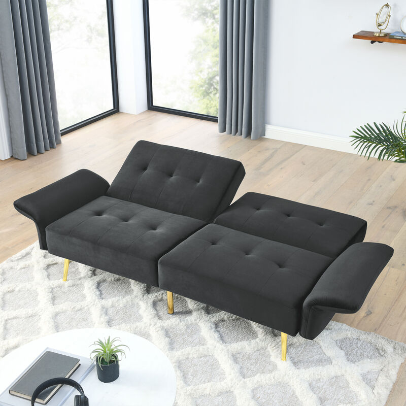 78" Italian Velvet Futon Sofa Bed, Convertible Sleeper Loveseat Couch with Folded Armrests and Storage Bags for Living Room and Small Space, Black 280g velvet image number 8