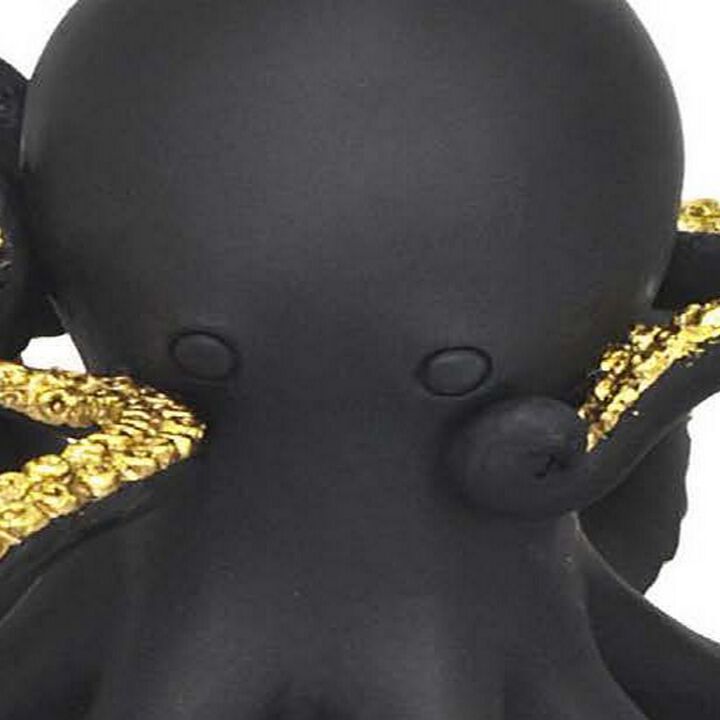10 Inch Ocean Octopus Animal Figurine Decor, Black, Gold Finish, Resin - Benzara