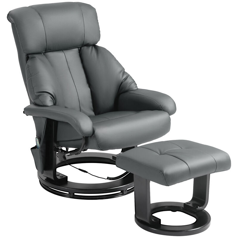 HOMCOM Massaging Faux Leather Recliner Chair and Ottoman Set, Swivel Vibration Massage Lounge Chair with Remote Control for Living Room, Bedroom, or Office, Gray
