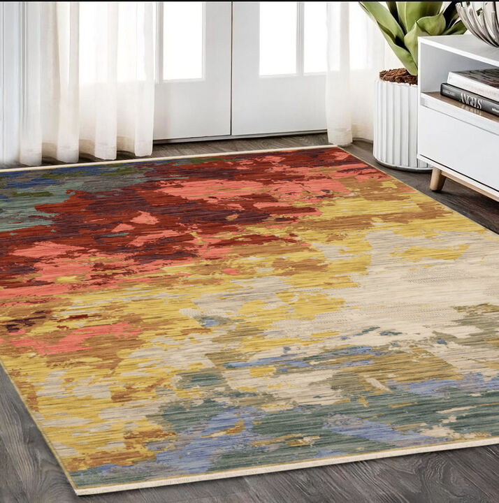 HomeRoots Abstract Area Rug With Fringe