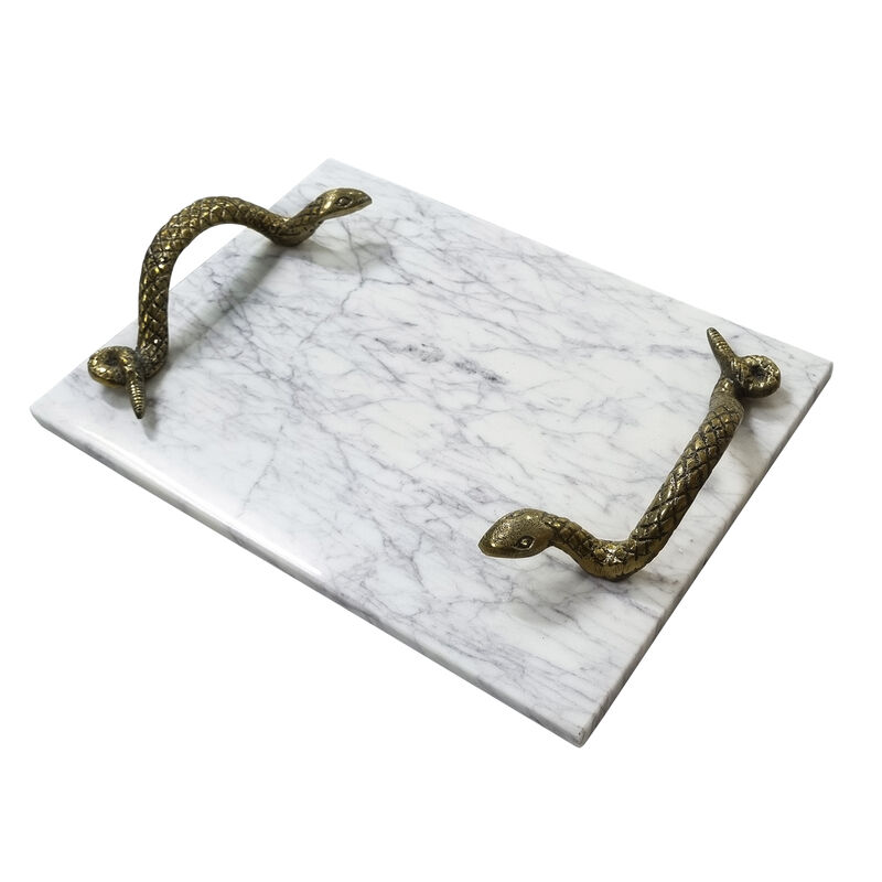Mamba White Marble Decorative Serving Tray with Brass Snake Handles - Benzara