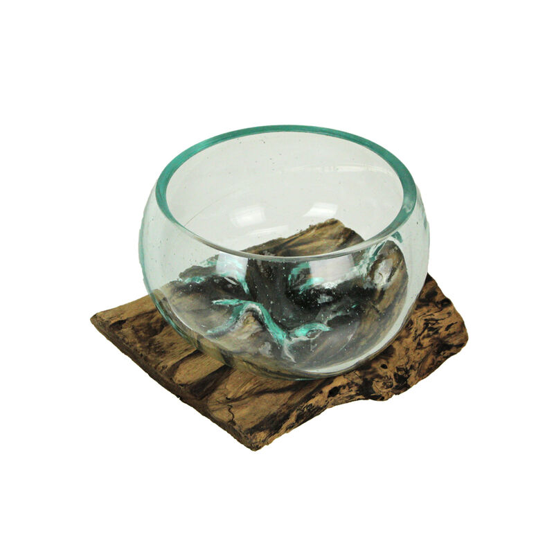 Medium Wide Molten Glass on Teak Driftwood Sculptural Vase and Bowl image number 0