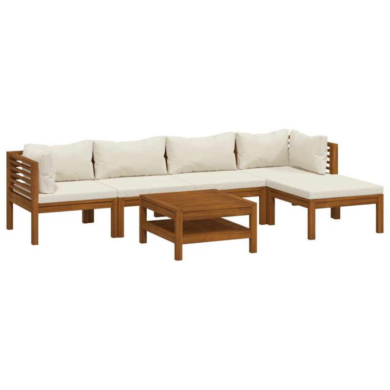 6pc Outdoor Modular Sofa Set, Coffee Table, Ivory, Brown Acacia Wood - Benzara image number 0