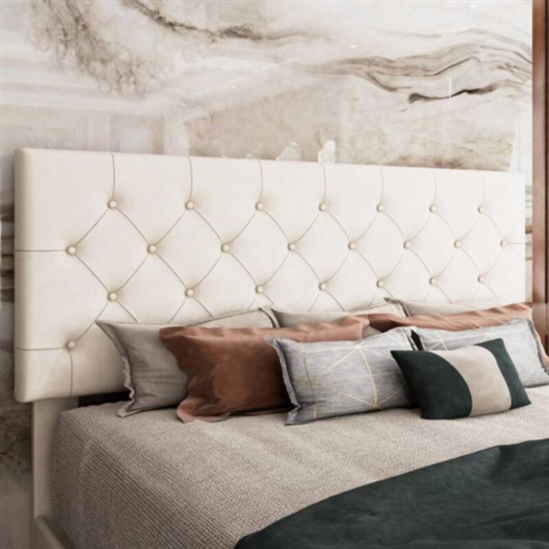 Hivvago Queen White Faux Leather Upholstered Platform Bed with Button Tufted Headboard