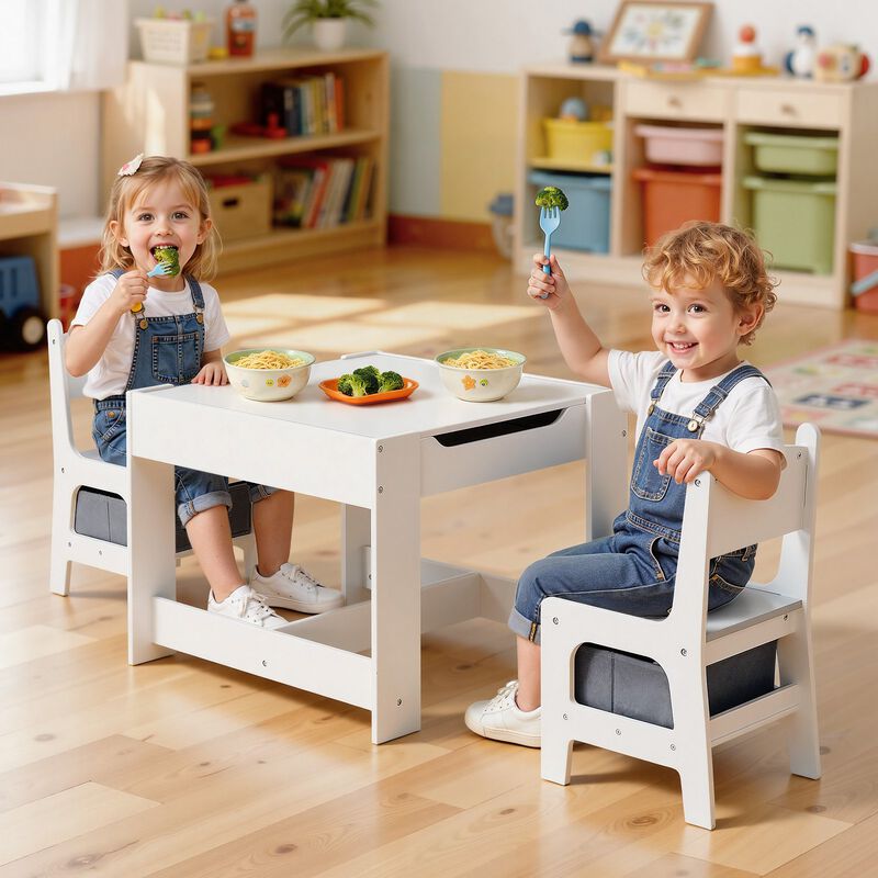 Kids Wooden Desk and 2 Chairs Set with Storage for Crafts and Reading-White image number 1