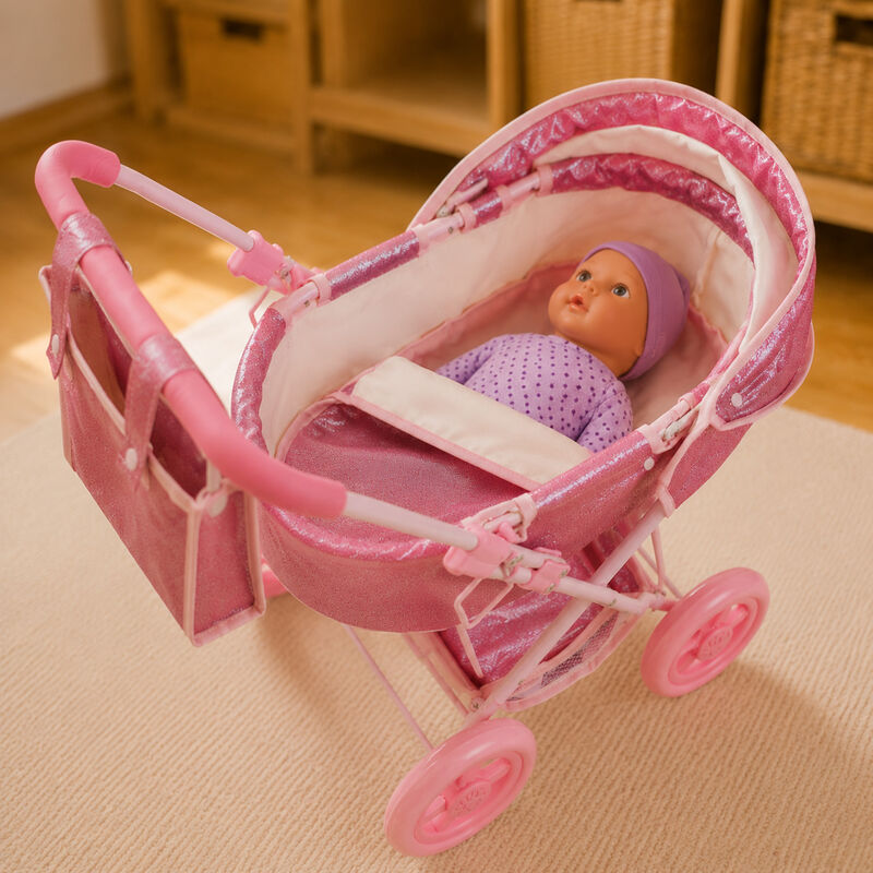 Olivia's Little World Baby Doll Bassinet Pram with Cover, Glitter Pink Doll Stroller with Retractable Canopy, Handle and Under Pram Storage for Doll Accessories image number 1
