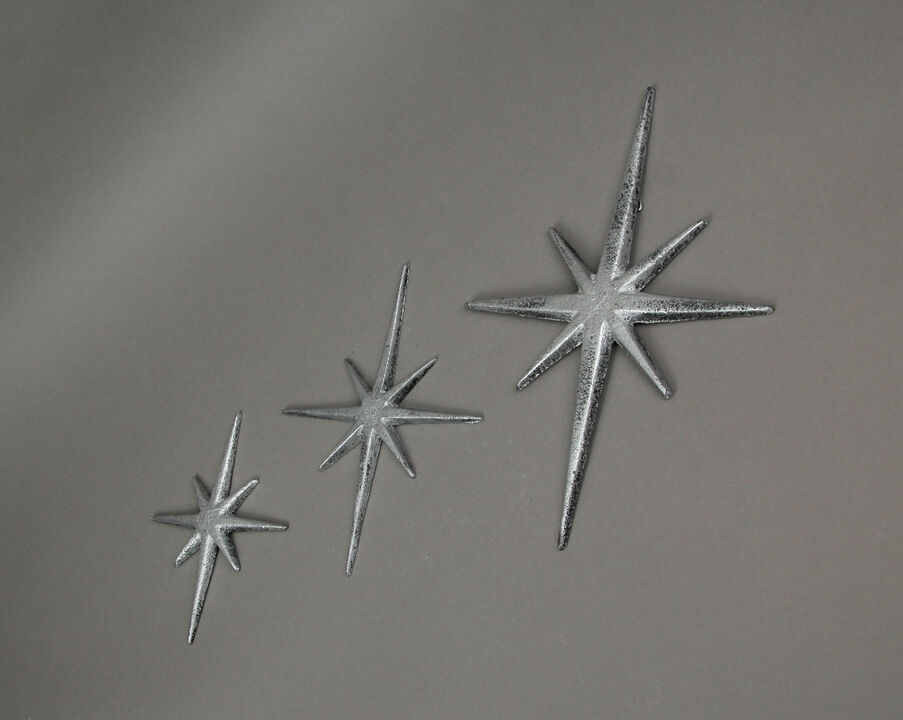 Set of 3 Metallic Silver Cast Iron Starburst Wall Hangings 8 Pointed Stars