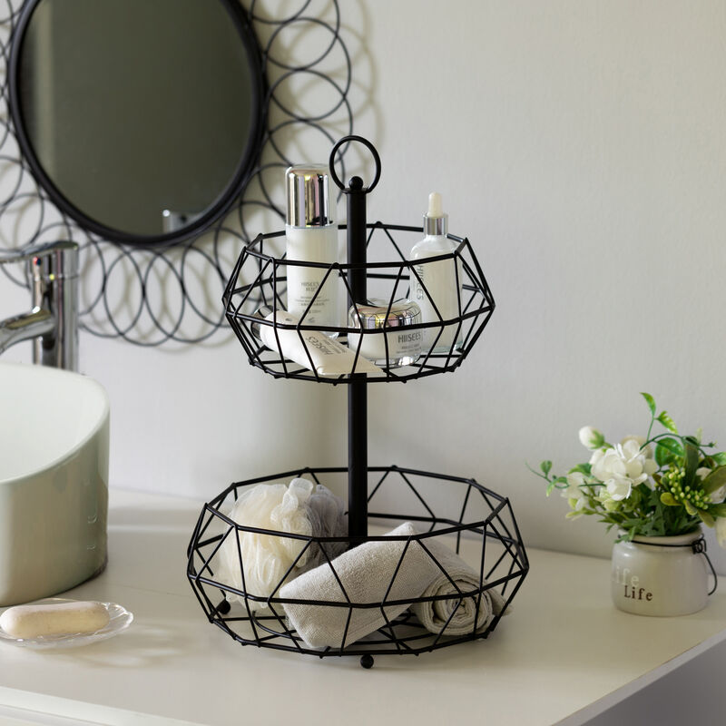 2 Tier Free Standing Countertop Fruit Basket for Kitchen | Detachable Carbon Steel Stable Fruit Storage Organizer for Breads, Snacks, and Vegetable, Black