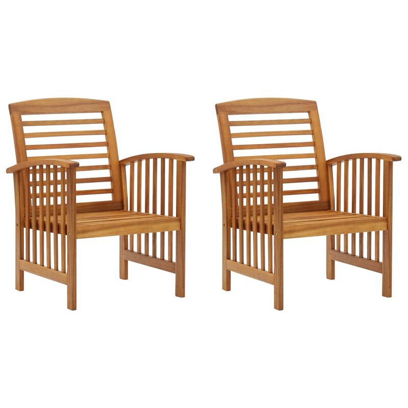 Outdoor Accent Chair Set of 2, Curved Arms, Slatted Brown Acacia Wood - Benzara