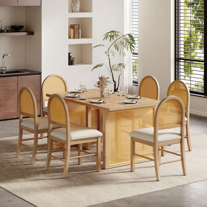 Merax 7-Piece Farmhouse Dining Set with Rattan Chairs